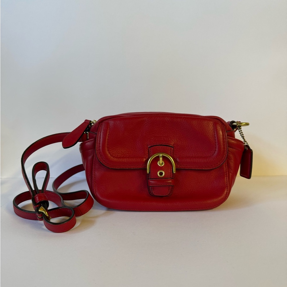 Red Leather Coach Crossbody Bag with Buckle Detail